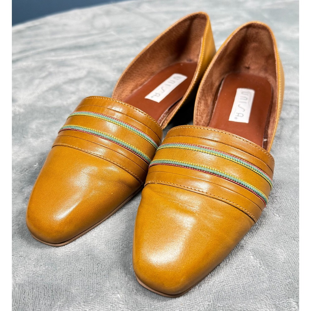 Unisa Flats Womens 7B Tan Leather Loafers Striped Trim Slip On Brazil